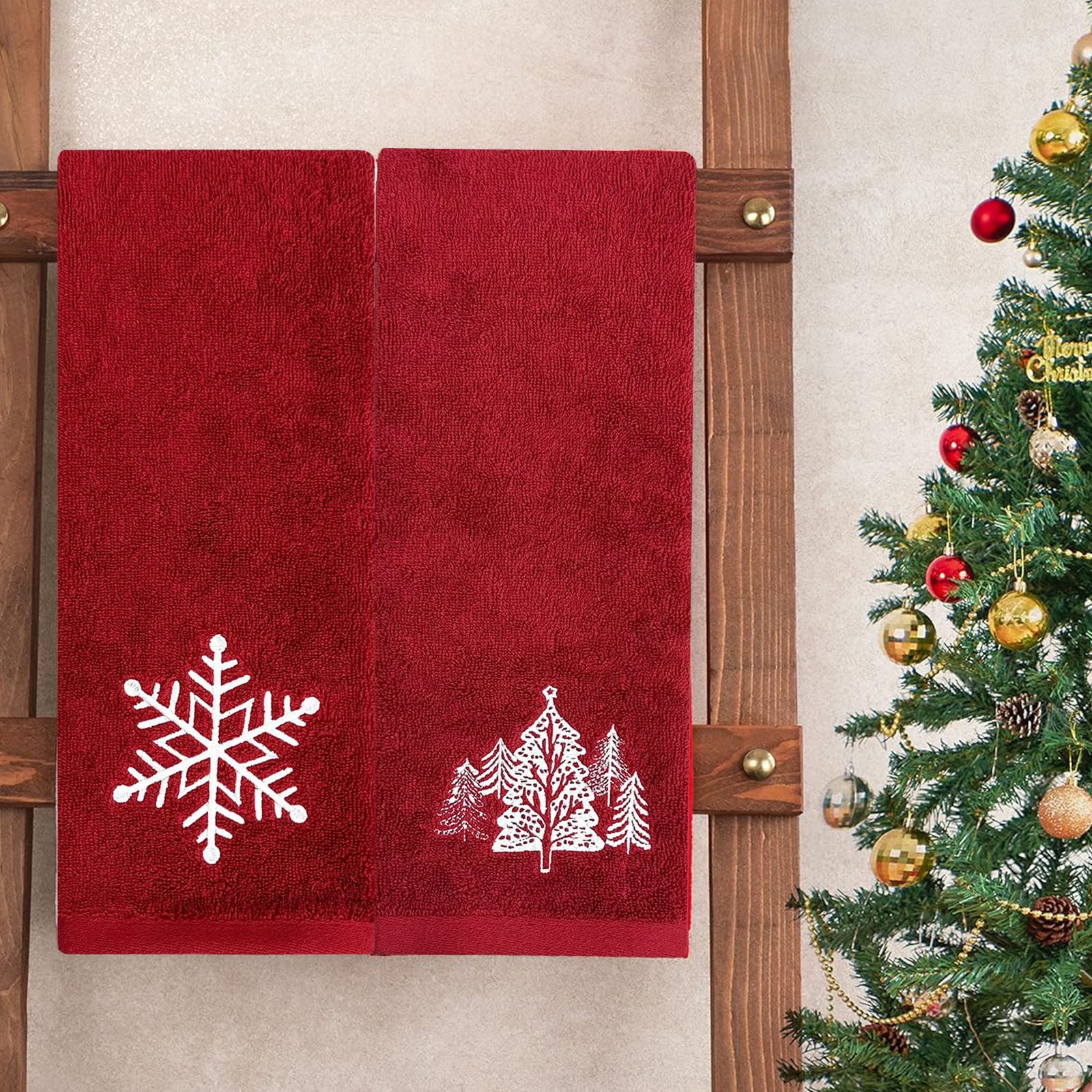 Fridja Clearance under 5$ 2-pack Christmas Bathroom Towel Set Cottons Embroidered Red Towel Cute Elks Snowflake Christmas Tree Towel Large Size About 15.75x27.56 Inches Towel