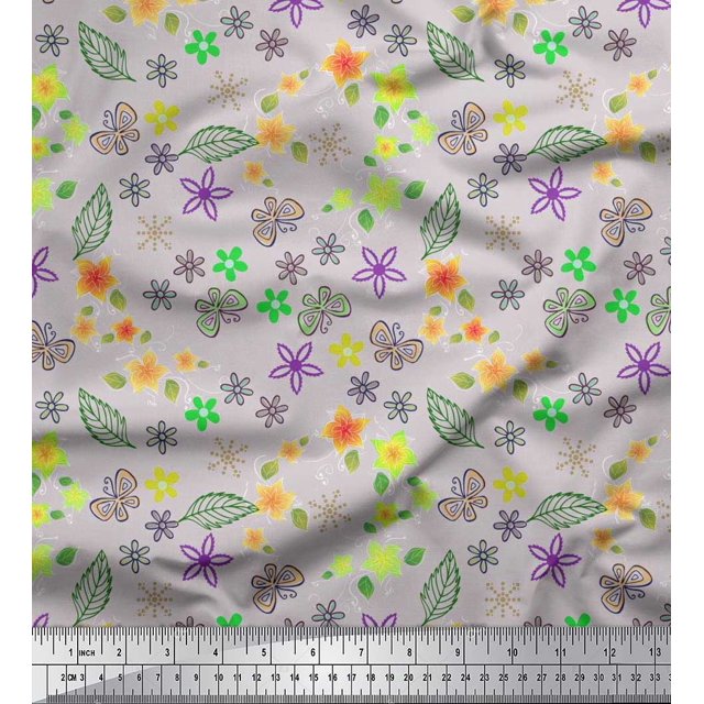 Soimoi Gray Polyester Crepe Fabric Leaves,Insect & Floral Artistic Print Sewing Fabric BTY 42 Inch Wide