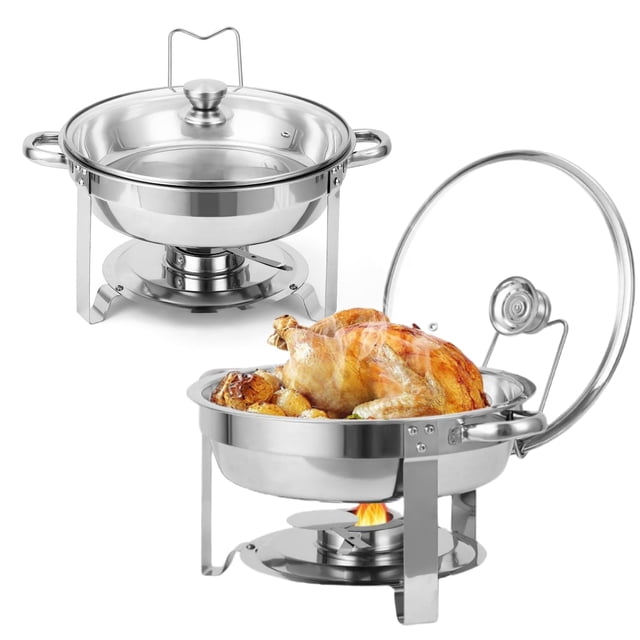 AKDSteel Ensemble de 2 Plats Anti-Frottement pour Buffet, Plats Ronds de 5 Pintes en Acier Inoxydable avec Couvercles en Verre, Porte-Couvercles et Cadres Robustes. Comprend des Plats à Aliments, des Plateaux à Eau, des Porte-Plaques et des Bombonnes de Carburant pour le Contrôle de la Température. Parfait pour les buffets, le Service Traiteur, les Mariages et le Réchauffement des Aliments Lors d'Événements.
