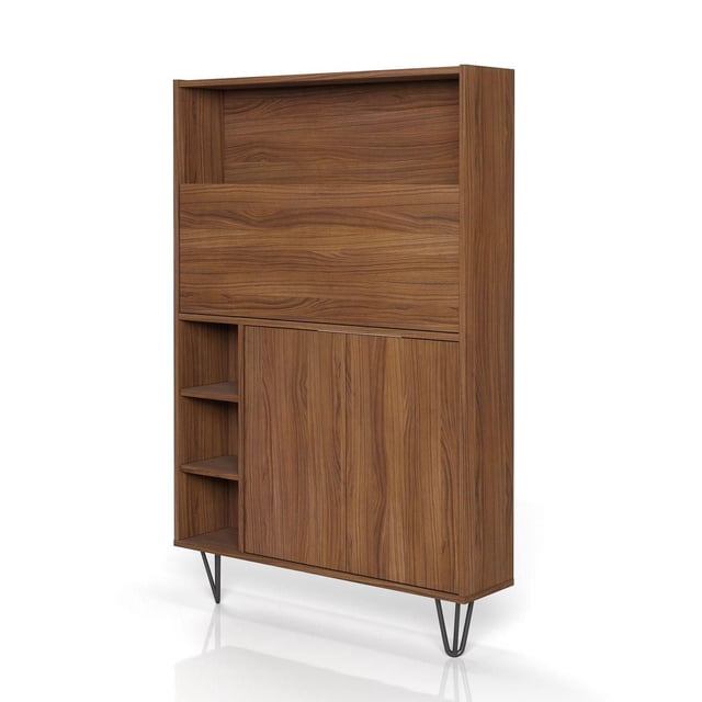 Nexera Slim Secretary Desk in walnut finish with a slim vertical profile, featuring a drop-down door with wood grain texture, three open shelves on the left, and two black hairpin legs, designed for wall mounting as a space-saving computer desk or office furniture piece suitable for compact living spaces.