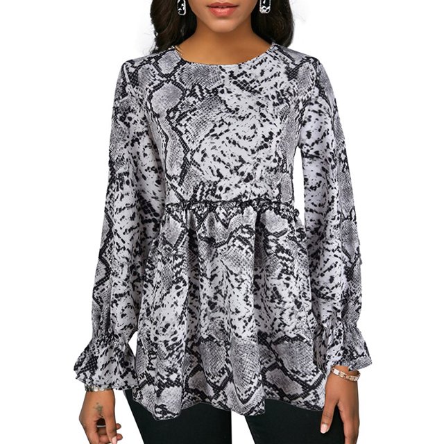 DYMADE Women's Short Sleeve Animal Print Peplum Blouse
