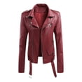 thumbnail image 1 of IROINID Veste Courte Décontractée pour Femme à Revers Cranté, Couleur Unie, Moto, Manches Longues, Manteau, Rouge, 1 of 3
