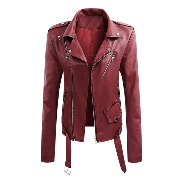 IROINID Veste Courte Décontractée pour Femme à Revers Cranté, Couleur Unie, Moto, Manches Longues, Manteau, Rouge