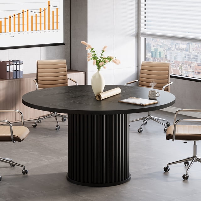 47-Inch Round Conference Table, Wooden Meeting Table for 4-6 People with Sturdy Metal Base, Black