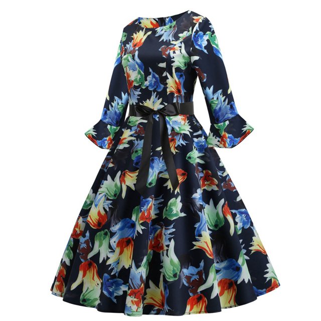 Pompotops Robe en Dentelle à Manches Longues Imprimé Floral Col Rond pour Femmes