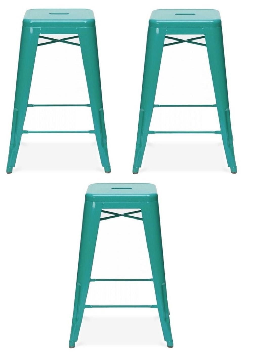 Heavenly Collection Industrial Turquoise Metal Counter Stools Set of 3 - Tolix-Style Backless Barstools with Wooden Seat Option - Ideal for Kitchen Islands & Patios