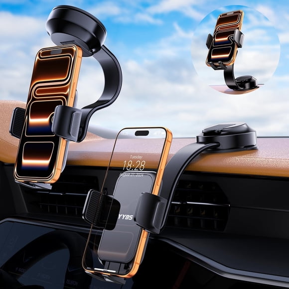 MJMJ Car Dashboard Phone Holder for Windshield - Tesla Touch Screen Phone Mount with 360° Adjustable Aluminum Arm & Nano Adhesive Base for iPhone 17 Pro Max and All 4-7inch Smartphone (Black)