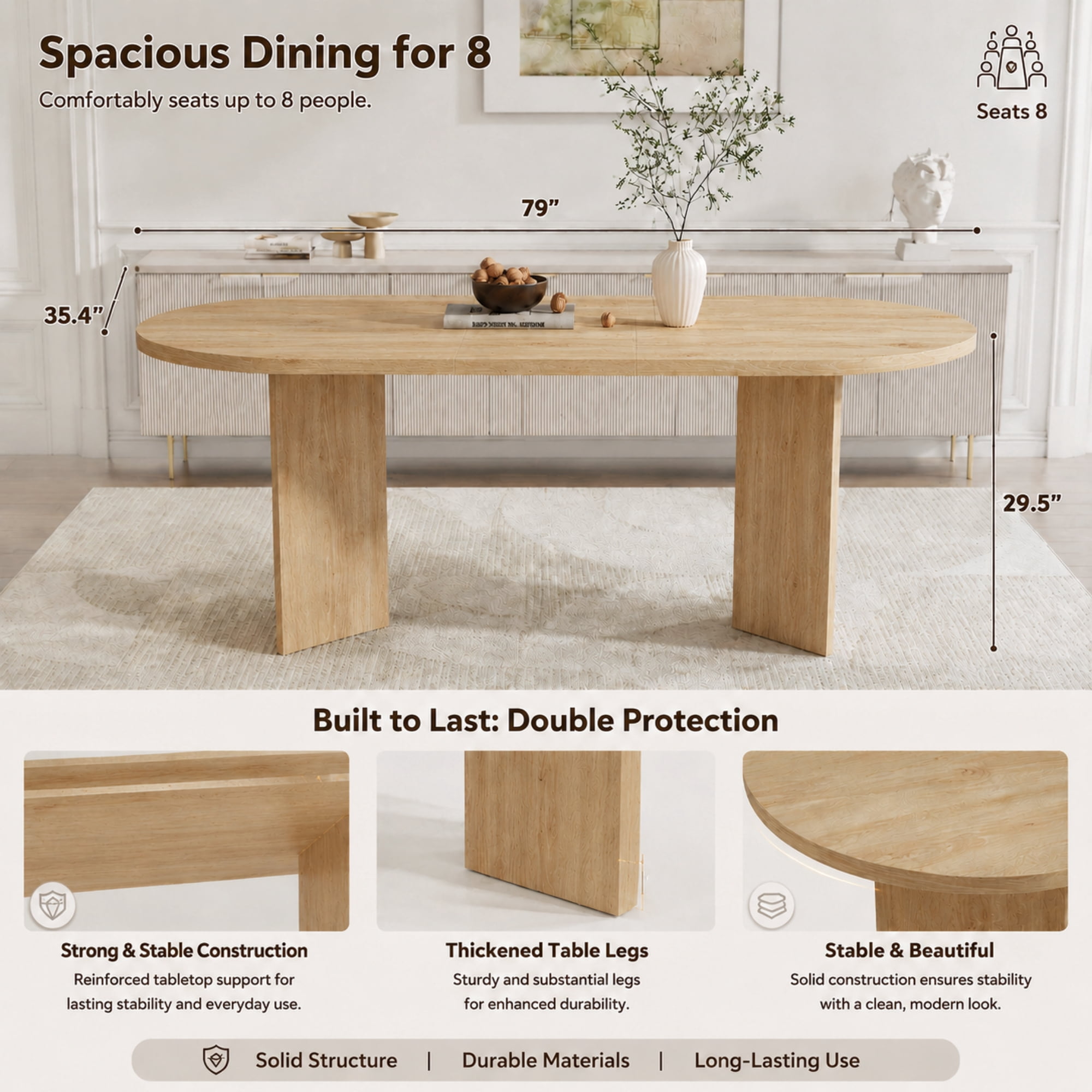 Noble House 79" Large Oval Dining Table for 6-8,Wood Grain Finish with Double Pedestal Base,Contemporary Dining Room Table,Oak