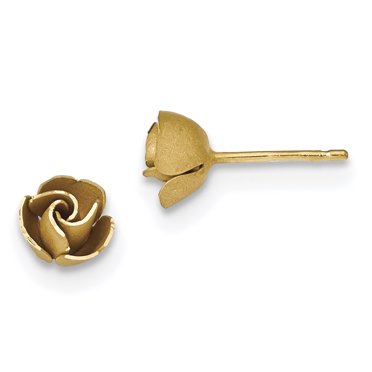 14K Yellow Gold Satin Finish Diamond Cut Rose Post Earrings