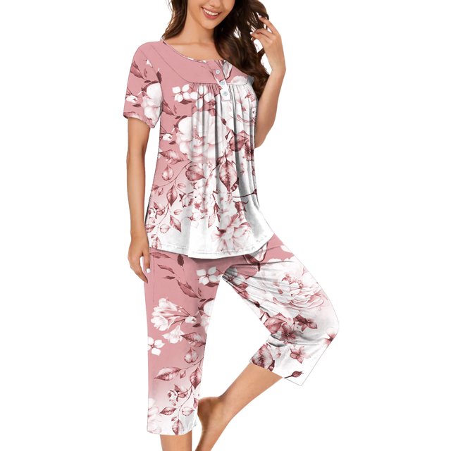 Pisexur Ensembles de Pyjama pour Femmes Mode Chemises de Nuit à Imprimé Floral pour Femmes Ensemble de Sommeil 2 Pcs Été Décontracté Col Rond Blouses Plissées Boutonnées Hauts et Pantalons Longueur sous le Genou avec Poches