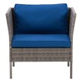 thumbnail image 1 of Fauteuil d'extérieur CorLiving Parksville en résine tressée, rotin et acier avec coussins, gris/bleu mélangé, 1 of 9