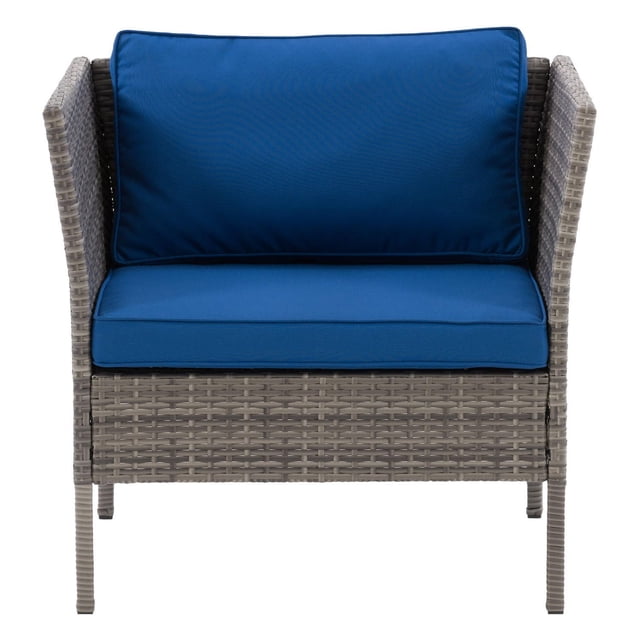 CorLiving Parksville Fauteuil d'Extérieur en Résine Osier Rotin et Acier avec Coussins, Gris/bleu Mélangé, Vue avant d'Une Chaise Longue d'Extérieur Résistante aux Intempéries avec un Cadre en Acier Galvanisé Enduit de Poudre Enveloppé d'Osier en Résine Gris Mélangé, Doté de Hauts Accoudoirs et de Coussins Bleus Moelleux Amovibles sur l'Assise et le Dossier, Convient aux Sièges de patio et à la Détente en Plein Air.