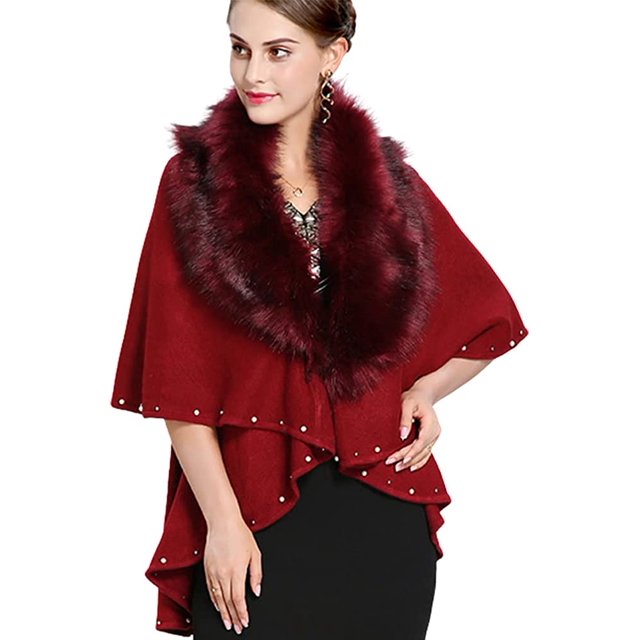 LinYooLi Poncho Cape en Fausse Fourrure pour Femmes, Col Châle, Couleur Unie, Ouvert devant, pour Automne Hiver 2022