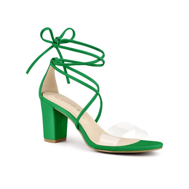 BLISSFUL STEP Sandales à Talon Bloc à Lacets pour Femme à Bride Transparente Vert (Taille 9)