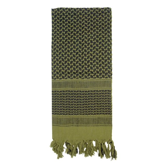 Rothco Shemagh Tactical Desert Scarf in olive drab, crafted from 100% cotton. Features a traditional woven pattern with fringe detailing along the edges. Tactical headwear designed to protect the head and neck from sun and sand, measuring 42 x 42 inches. Suitable for military use, survival gear, or as a fashion accessory.