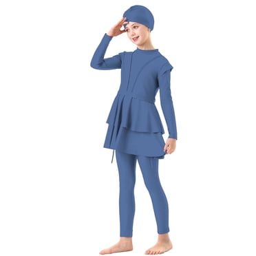Muslim Swimsuit Girls 3 Piece Full Cover Hijab Burkini Arabic Swimwear Sunsuit Beachwear Top Pants Cap Costume Blue 130/8 Y—9 Y