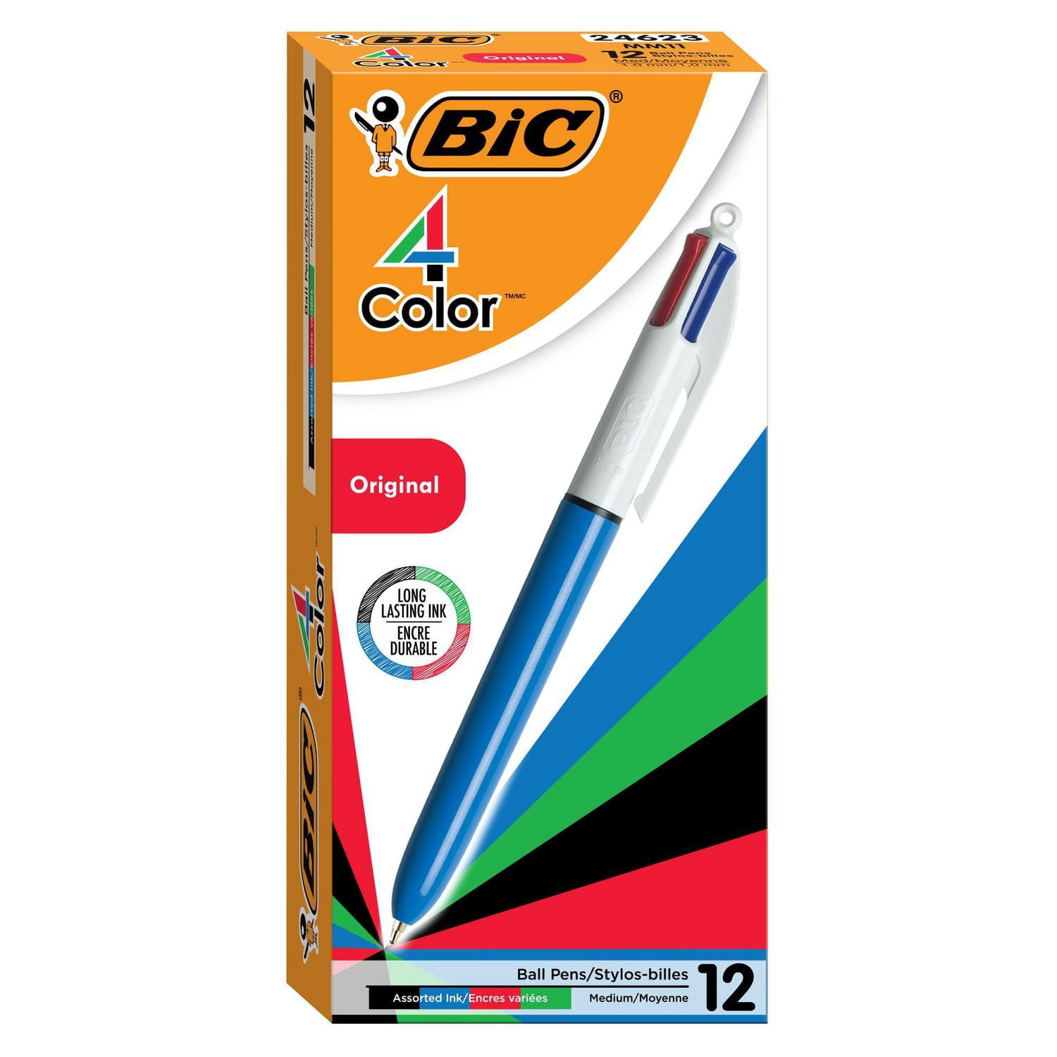 BIC 4-Color Original Retractable Ball Pens, Medium Point (1.0 mm), 12-Count Pack, Retractable Ball Pen With Long-Lasting Ink