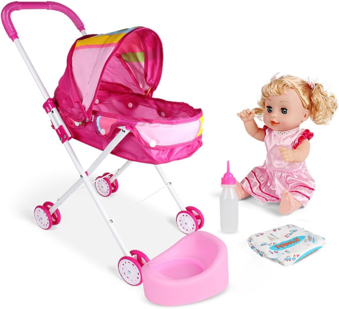 SURJDE Baby Doll Stroller,Realistic 2 in 1 Baby Stroller for Dolls,Foldable Pram Gift Set with Baby Doll Cartoon Printing Design Baby Stroller with Gift for Dolls 4PCS (B)