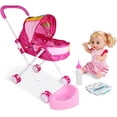 thumbnail image 1 of SURJDE Baby Doll Stroller,Realistic 2 in 1 Baby Stroller for Dolls,Foldable Pram Gift Set with Baby Doll Cartoon Printing Design Baby Stroller with Gift for Dolls 4PCS (B), 1 of 7