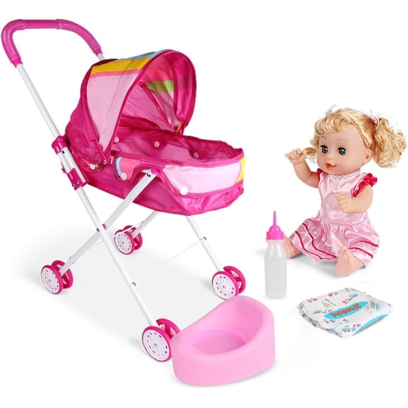 SURJDE Baby Doll Stroller,Realistic 2 in 1 Baby Stroller for Dolls,Foldable Pram Gift Set with Baby Doll Cartoon Printing Design Baby Stroller with Gift for Dolls 4PCS (B)