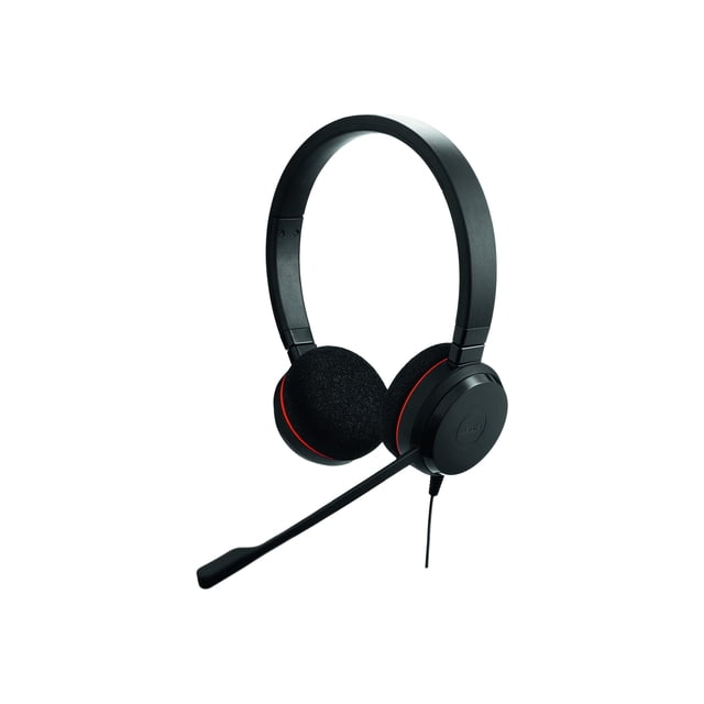 Jabra Business 4999-823-109 Jabra Evolve 20 MS Stereo headset with a black over-ear design, soft foam ear cushions, adjustable headband, and wired connection. Features a noise-cancelling microphone on a flexible boom arm for clear communication. Suitable for professional use and enhancing conversations.
