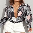 thumbnail image 4 of Women Spring Autumn Retro Bishop Sleeve Shirt Office Lady Solid Color/Leopard Print Lapel Long Sleeve Button-Up Tops Green S, 4 of 8