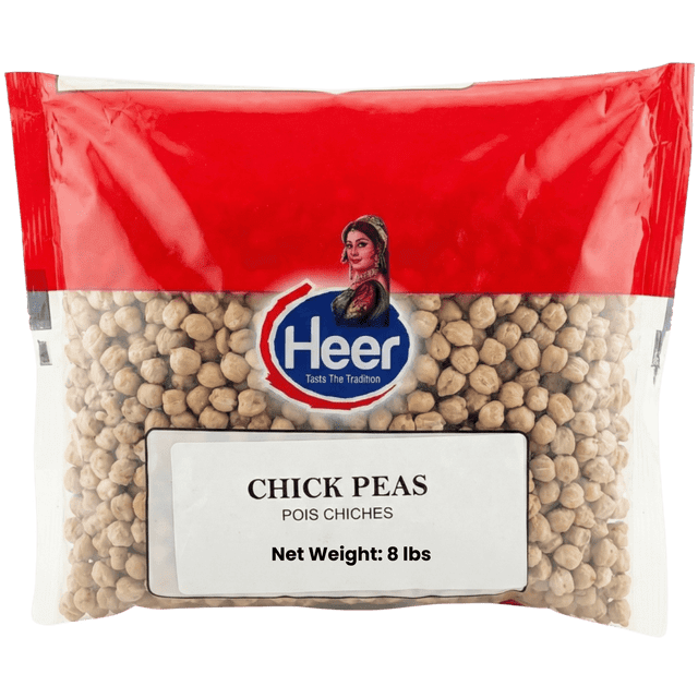 Heer Pois Chiches, Sac de 8 Lb de Grands Pois Chiches Kabuli de Qualité Supérieure avec Taille Uniforme, texture Crémeuse et Riche Goût de Noisette. l'Emballage Met en Valeur le logo Heer, le Poids net et l'Étiquetage Bilingue. Parfait pour l'Entreposage en Vrac du Garde-Manger et les Recettes Indiennes comme le chana masala, les Currys et les Salades. Naturellement Sans Gluten et Riche en Protéines, Idéal pour les Régimes à Base de Plantes.