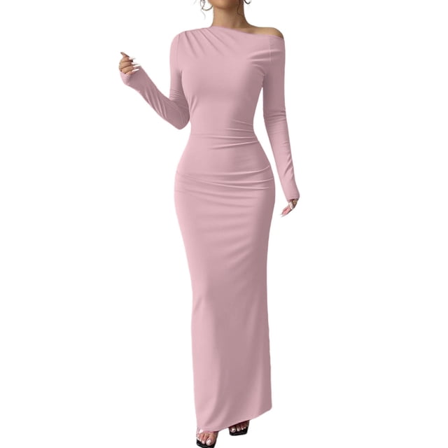 JGGSPWM Robe à une Épaule à Manches Longues pour Femmes Couleur Unie Froncée Sortie Nocturne Formelle Maxi Automne Invitée de Mariage Robes Rose P