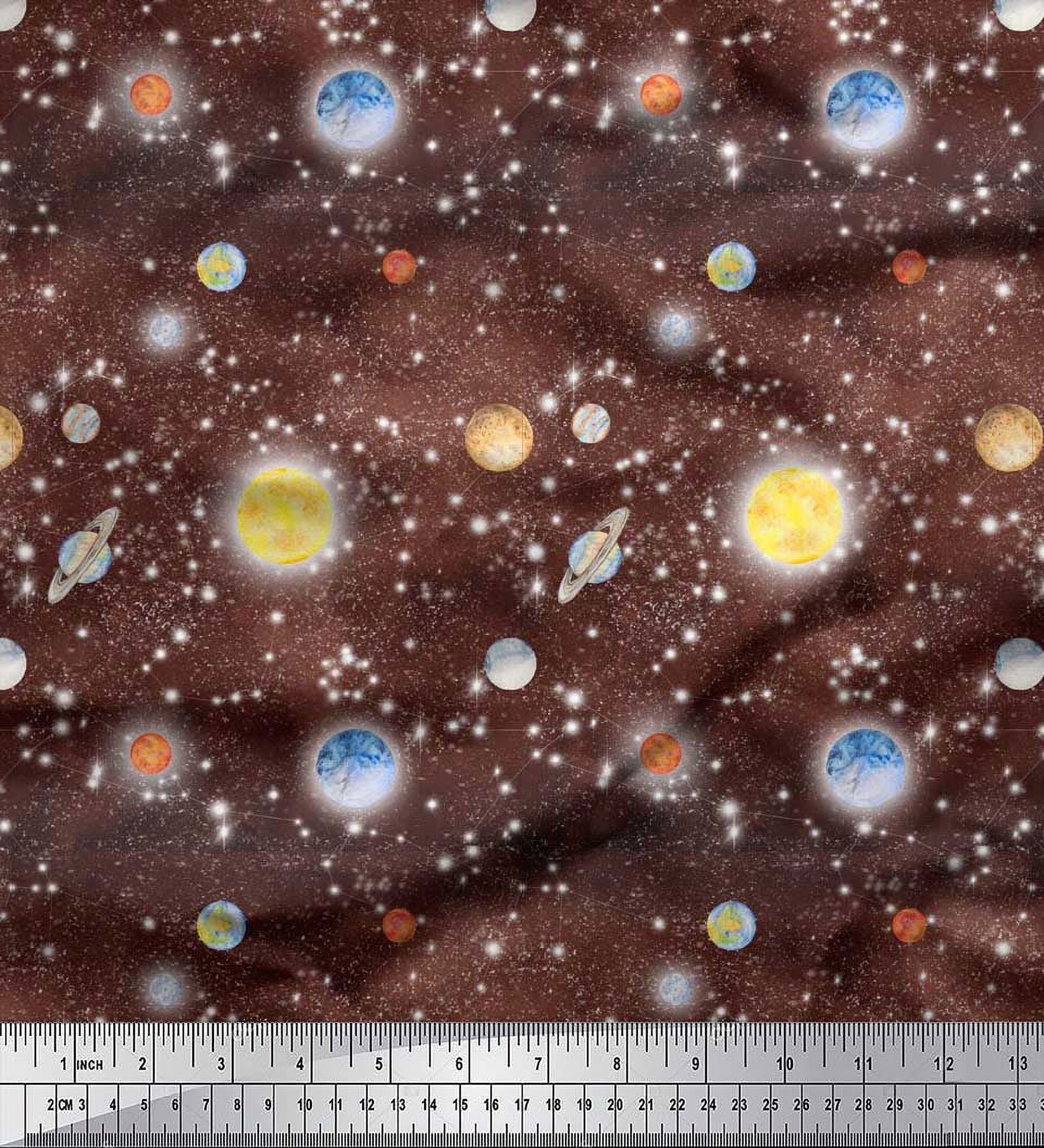 Soimoi Silk Fabric Planet & Sun Galaxy Printed Fabric 1 Yard 42 Inch Wide