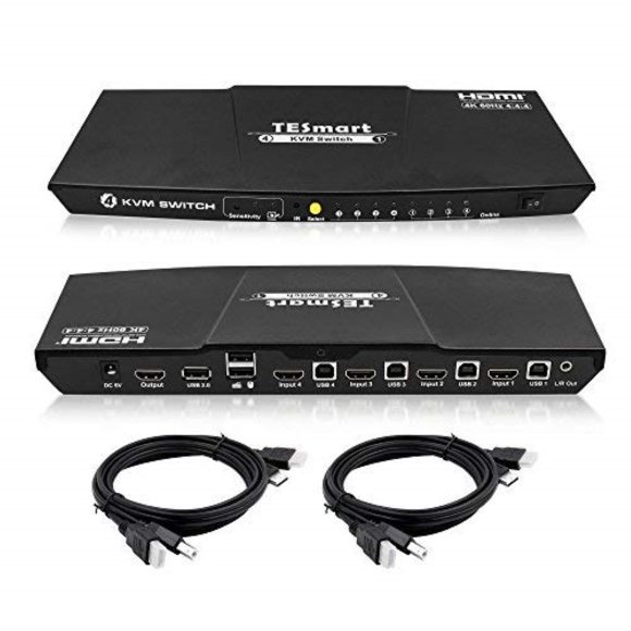 TESmart 4-Port HDMI KVM Switch with 2 Pcs 5ft KVM Cables 3840x2160@60Hz 4:4:4 UHD Supports L/R Audio Output and USB 2.0 Device Control
