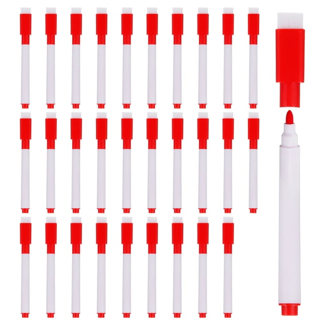 Unique Bargains Marqueurs Effaçables à Sec avec Capuchon Effaceur, Pointe Fine, Rouge, 30 Unités, Lot de 30