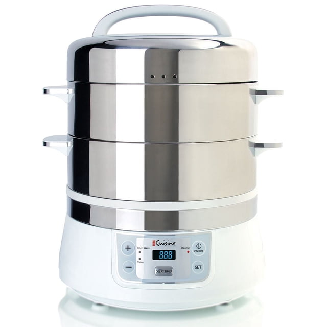 Euro Cuisine Stainless Steel 2-Tier Electric Steamer FS2500 with two removable 8.5-quart stainless steel baskets on a white base featuring a large LCD display, 90-minute timer, keep warm function, and on/off controls, ideal for steaming vegetables, seafood, and chicken while preserving nutrients.
