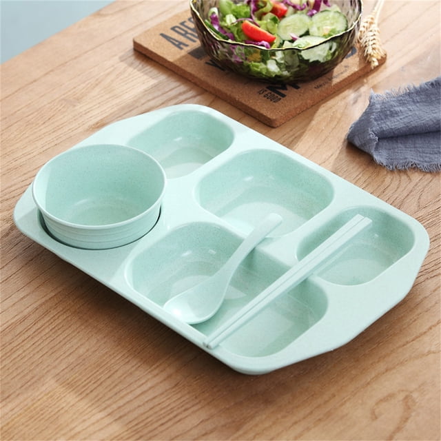 EARKITY Divided Plates, Reusable Unbreakable Wheat Straw Plates, 5 Compartment Lunch Trays, Rectangular Portion Control Plate With Spoon Chopsticks Bowl, Dishwasher Safe