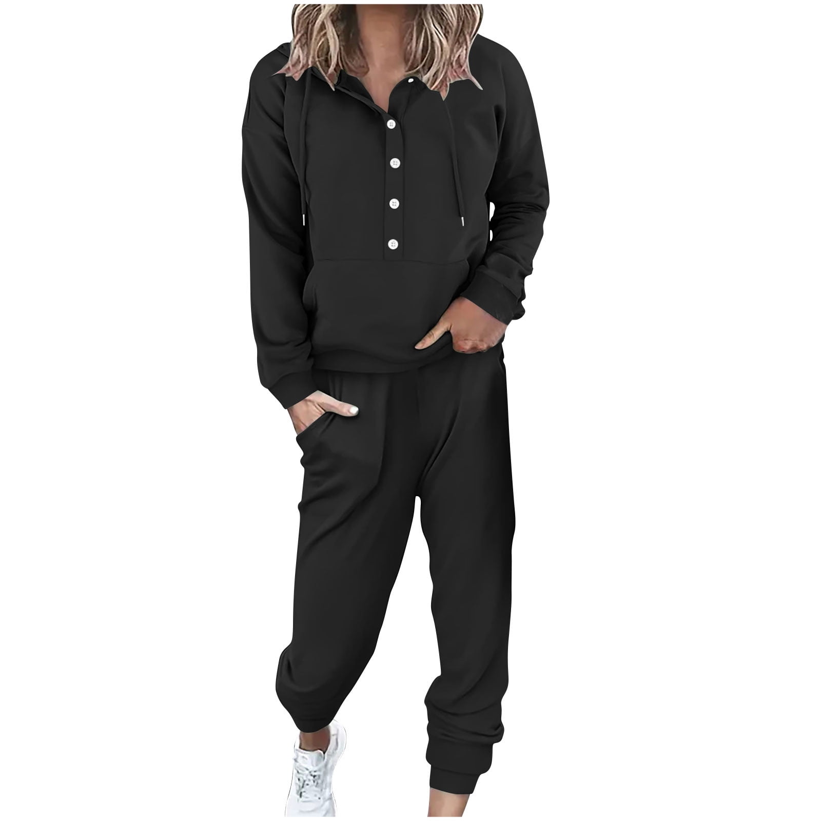 Pisexur Womens Lounge Set Trendy Casual Solid Color Matching Set Long Sleeve Button Drawstring Hooded Sweathirts Tops Wide Leg Sweatpants Tracksuit with Pockets 2 Piece Travel Outfits