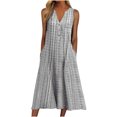 thumbnail image 2 of Jienlioq Robe Femme Grande Taille Liquidation Mode Décontractée Sans Manches Col en V Bouton Rayé Imprimé Poche Robe Maxi, 2 of 8