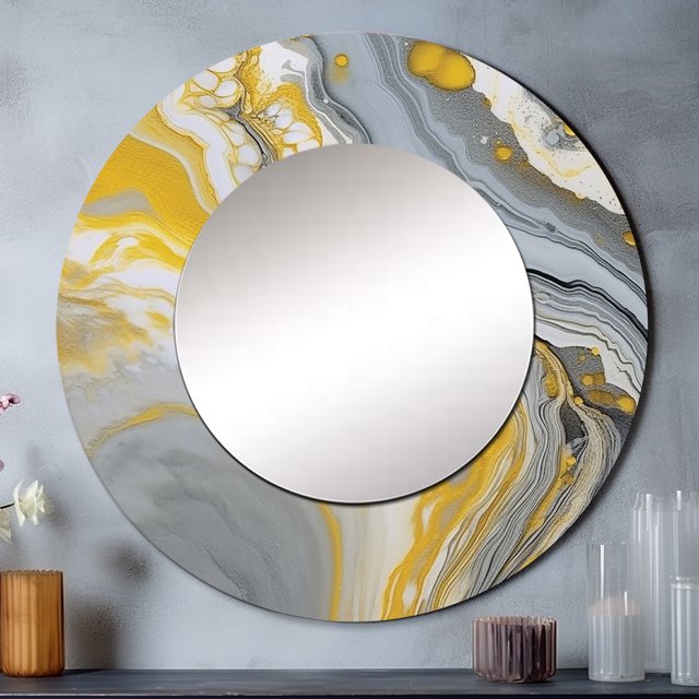 Designart "Marble Symphony Grey Yellow Expression" Abstract Round Mirror Wall Décor Modern - Large Grey Round Mirror - Round Mirror 23" x 23" Inch