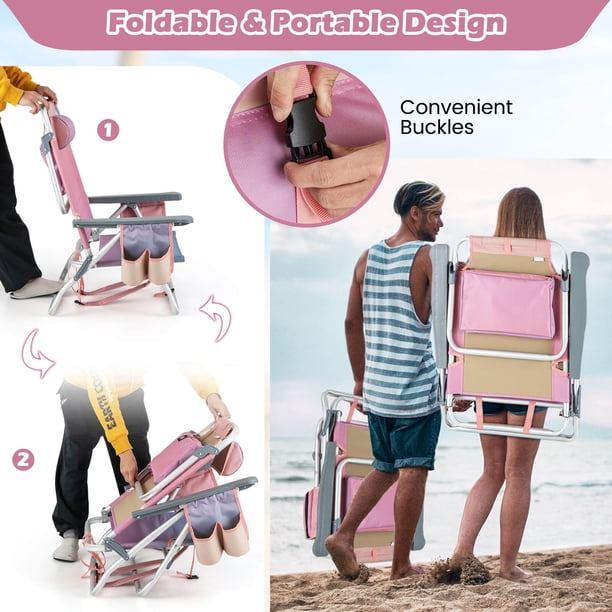 LET'S CAMP 2 x Classic 4 Position Beach Chair with Padded Cushion and Straps, Storage Pouch and Tower Bar, Supports 250 lbs, Wave