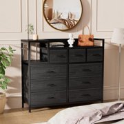 Ourlova Black Willow TV Stand with Charging Station,Wide TV Stand with Open Shelf,Bedroom Dresser for Living Room TV Stand with 9 Drawers,9 Large Storage Drawers for Living Room