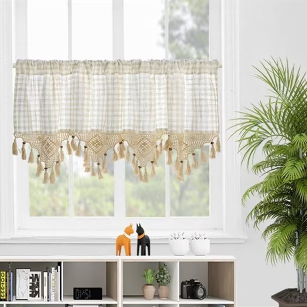 ZH.H Kitchen Short Curtain Checked Cotton Linen Valance Macrame Tassels Style Sheer Window Drape Panel 15"*60" Beige
