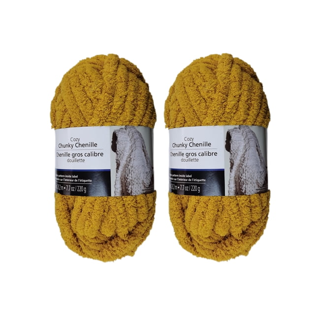 MAINSTAYS 2 pack gold polyester yarn featuring two skeins of chunky chenille yarn in mustard gold, each 220g, ideal for knitting cozy blankets, pillows, and scarves, suitable for beginners and experienced knitters.