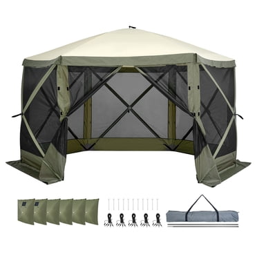 KFFKFF Pavillon Moustiquaire de Camping 12 X 12 Pi, Tente Escamotable à 6 Côtés avec Panneaux Coupe-Vent Amovibles, Fenêtres en Maille, Protection Solaire UPF50+ et Piquets Lumineux