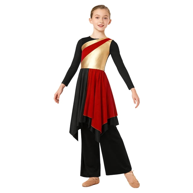 inlzdz Tenues de Danse Métalliques pour Filles Robe de Culte à Manches Longues avec Pantalon Ensemble pour Performance de Choeur Rouge 12