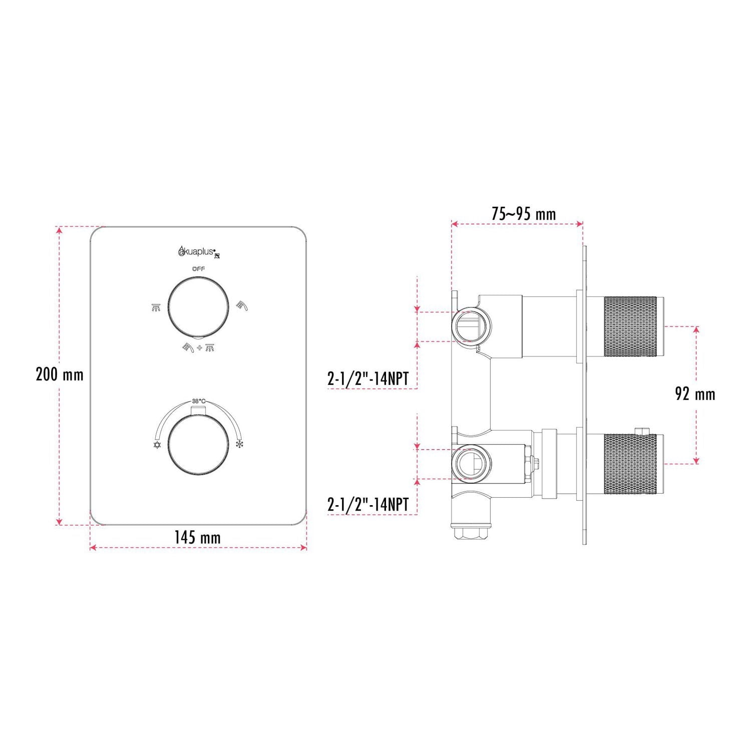 Square 3-functions thermostatic valve, Magnetic handheld shower, bath spout or simultaneously, chrome finish