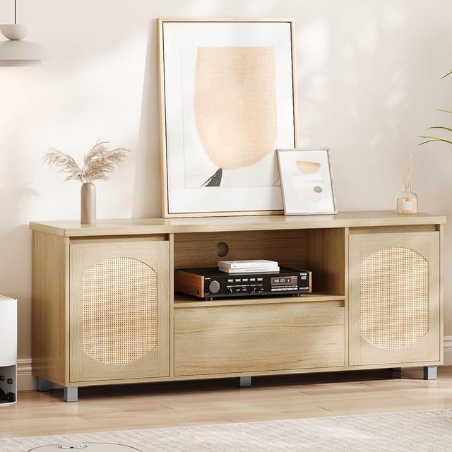 EDTara Meuble Télé en Rotin de 70 Pouces, Console Multimédia de Style Bohème avec Tiroir de Rangement et Tablette Ajustable