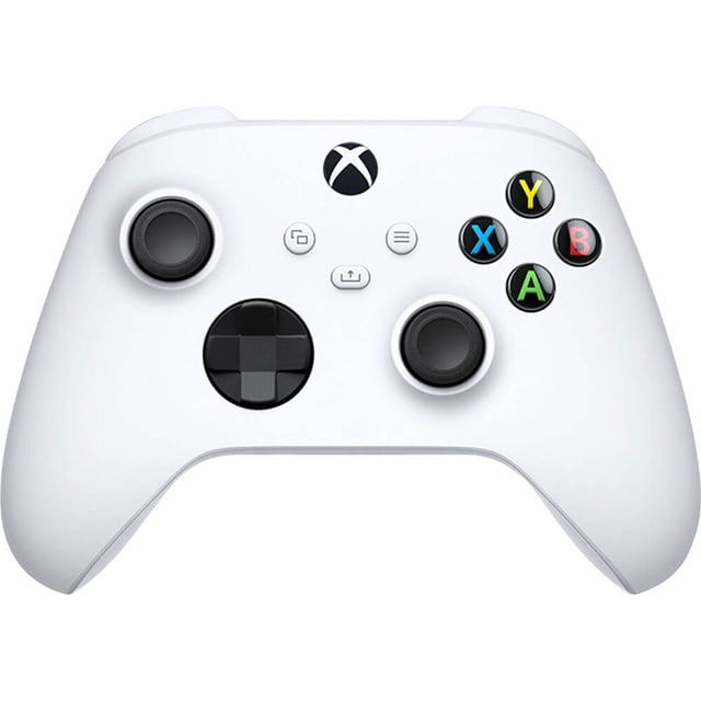 Microsoft XBOXXCONTRWH Manette pour Xbox Series X, Xbox Series S et Xbox One en Blanc. Les Fonctionnalités Incluent la Technologie Sans Fil Xbox et Bluetooth, une Prise Texturée pour la Précision, un Bouton de Partage Dédié et la Compatibilité avec Plusieurs Appareils. la Manette Présente un design Épuré avec un Pavé Numérique, des Joysticks et des Boutons d'Action Étiquetés a, B, X et Y.