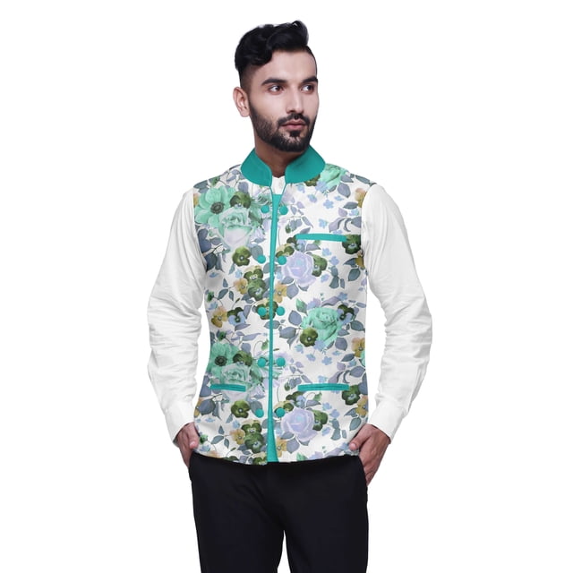 Atasi Flower Printed Nehru Jacket Mens Bandhgala Ethnic Jacket Party Wear Wedding Clothing-Large