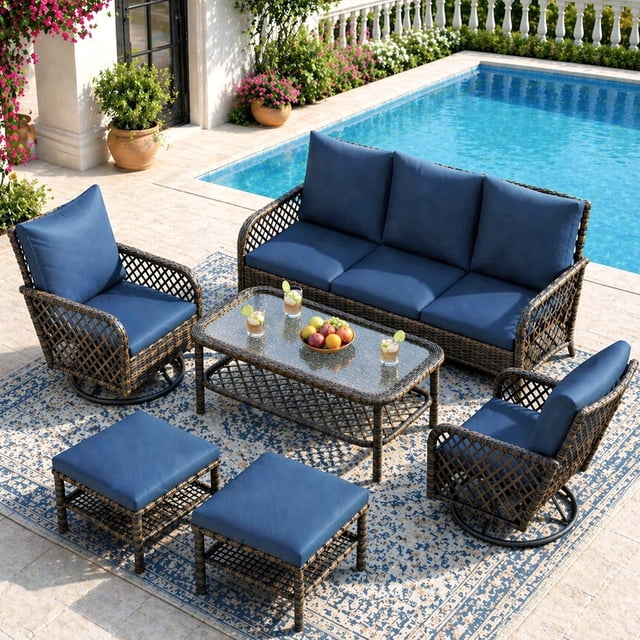 AECOJOY 6PCS Outdoor Wicker Patio Furniture Set, 7-Seat Sectional Sofa with High Back Swivel Rocker Chairs & Ottoman for Deck, Yard, Poolside,Dark Blue