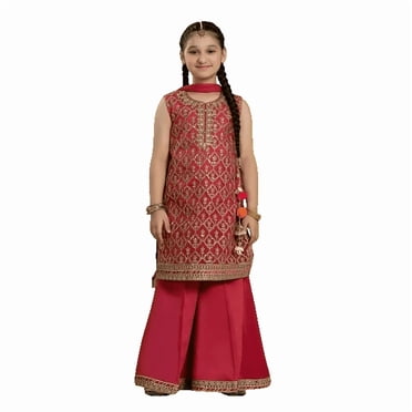 Dweep Sara Eid Ramadan Special Pink Organza Summer Girls Suit Set with Dhaka Sharara, Dupatta 10-11Y