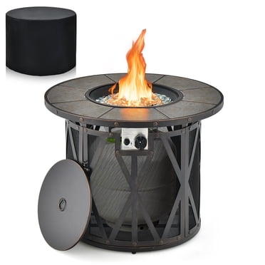 Gymax Table de Foyer Rond pour Patio 32 Pieds' 30 000 BTU Foyer au Gaz Propane avec Lunettes de Feu