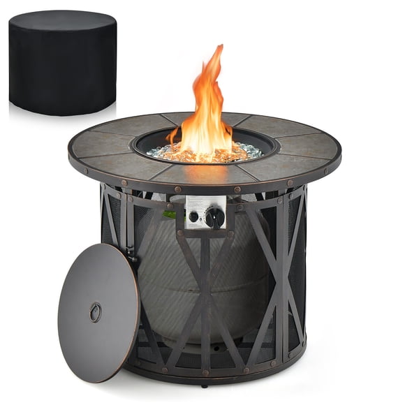 Gymax 32'' Patio Round Fire Pit Table 30,000 BTU Propane Gas Firepit w/ Fire Glasses